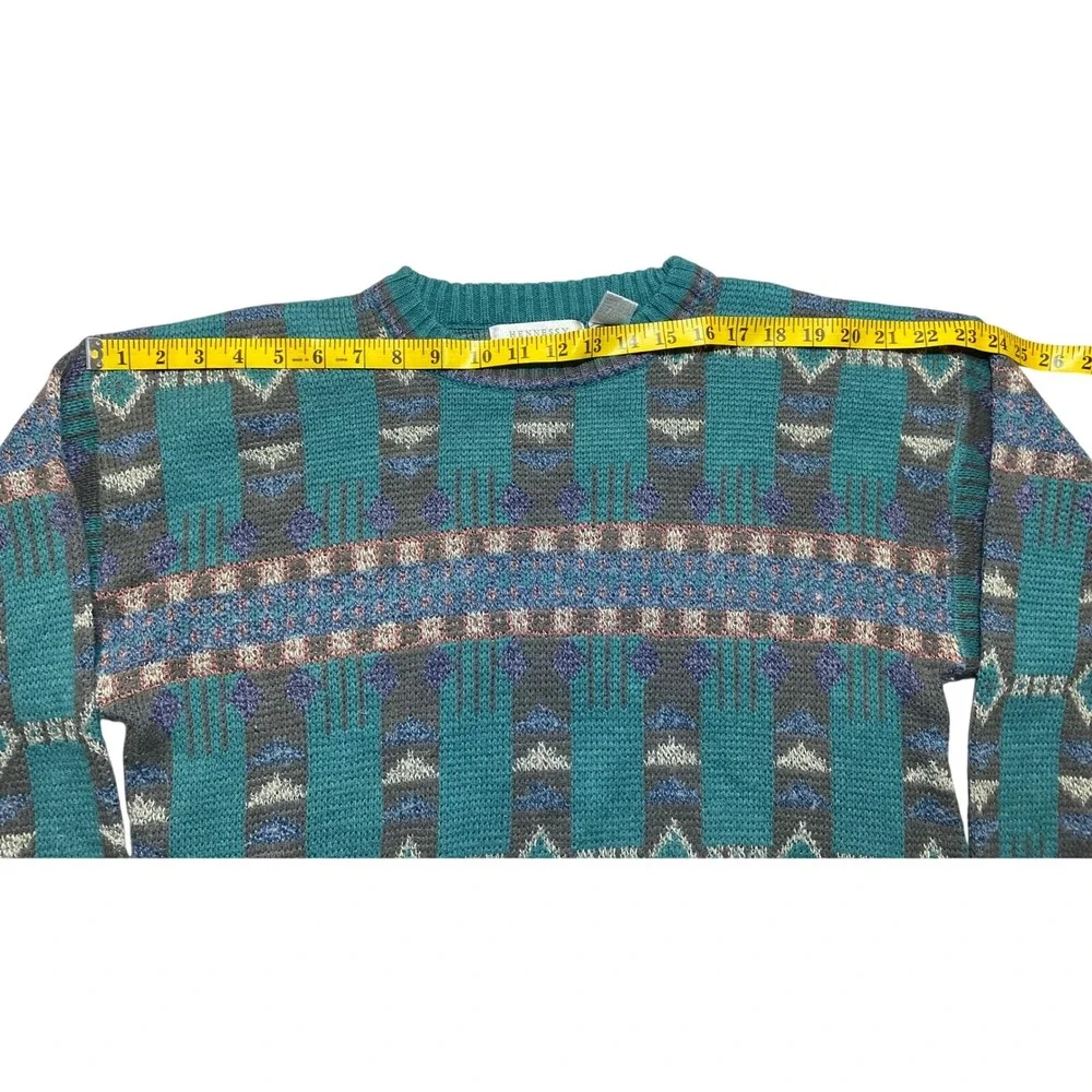 Hennessy‎ Van Heusen Vintage 90s Geometric Knit Sweater Teal Grey Purple Mens L